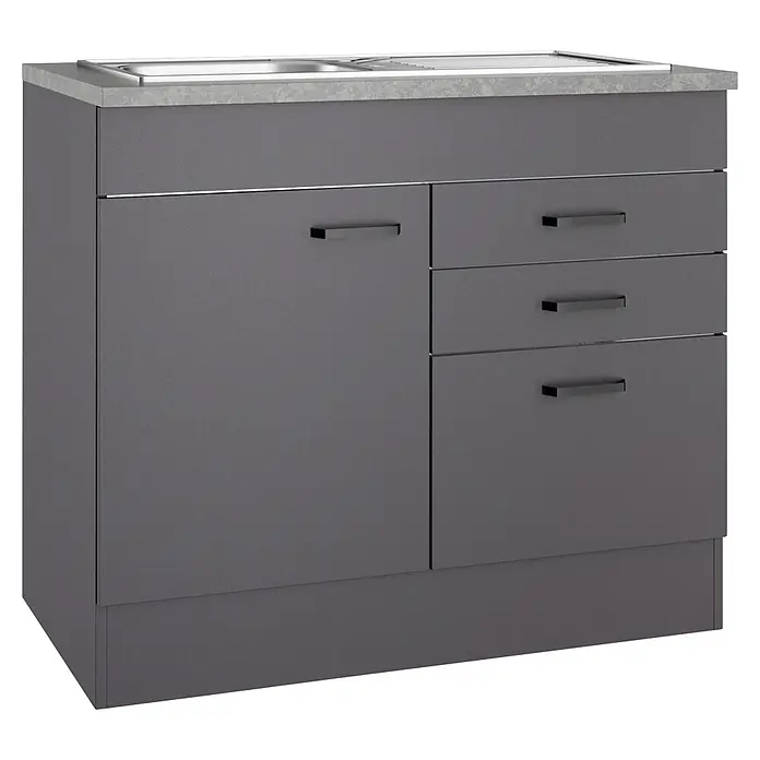 Optifit Optimulti Spülenunterschrank Kiel420 - 60 x 100 x 88 cm, Dekor Front: Grau matt - Grauer Küchenspülunterschrank mit hellgrauer Arbeitsplatte, Edelstahlspüle, einer Tür und drei Schubladen mit schwarzen Griffen.