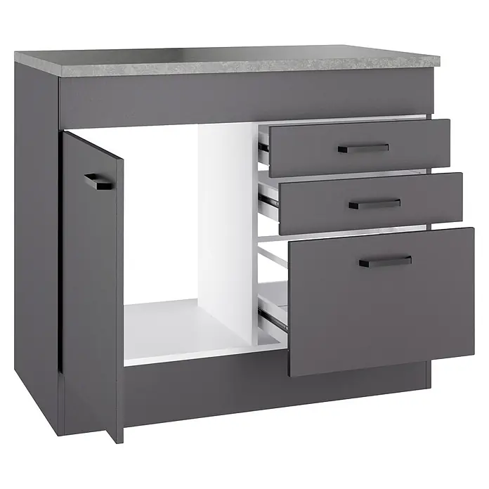 Optifit Optimulti Spülenunterschrank Kiel420 - 60 x 100 x 88 cm, Dekor Front: Grau matt - Dunkelgrauer Schrank mit heller Arbeitsplatte, eine Tür offen, drei Schubladen teilweise ausgezogen, zeigt weißes Inneres und Schubladenschienen.