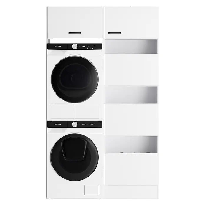 Optifit Optimulti Waschmaschinenschrank Bonn214 - L x B x H: 57,1 x 123,2 x 210 cm, Weiß - Gestapelte weiße Samsung Waschmaschine und Trockner mit schwarzen Bedienfeldern und Türen, in weißes Schranksystem integriert.