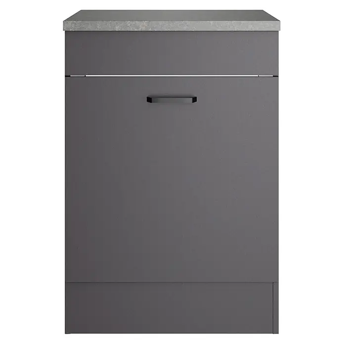 Optifit Optimulti Spülenunterschrank Kiel420 - 60 x 60 x 88 cm, Dekor Front: Grau matt - Dunkelgrauer Küchenunterschrank mit heller Arbeitsplatte, silberner Leiste und schwarzem Griff.