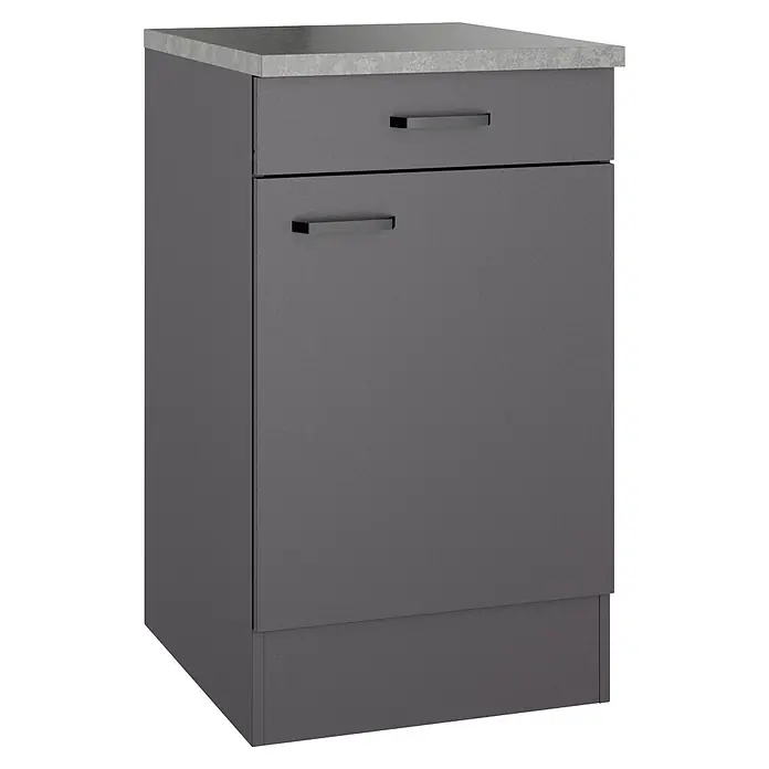 Optifit Optimulti Küchen-Unterschrank Kiel420 - B x T x H: 50 x 60 x 88 cm, Anthrazit - Grauer Unterschrank mit einer Schublade, einer Tür und heller Arbeitsplatte.