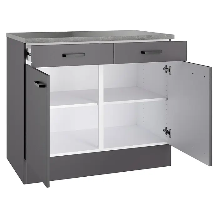 Optifit Optimulti Küchen-Unterschrank Kiel420 - B x T x H: 100 x 60 x 88 cm, Anthrazit - Grauer Schrank mit zwei Schubladen, zwei offenen Türen, weißen Ablagen und einer grauen Arbeitsplatte.