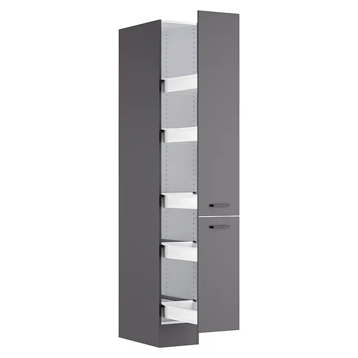 Optifit Optimulti Küchen-Hochschrank Kiel420 - B x T x H: 30 x 57,1 x 210 cm, Anthrazit - Hoher grauer Küchenschrank mit einer offenen Tür, die mehrere Auszugsfächer zeigt, und zwei geschlossenen Türen.