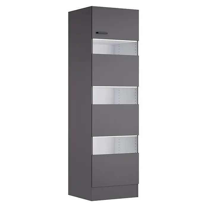 Optifit Optimulti Wäscheschrank Kiel420 -  - Hoher anthrazitfarbener Schrank mit einer oberen Tür, offenen weißen Regalfächern mit verstellbaren Löchern und dunklen Paneelen.