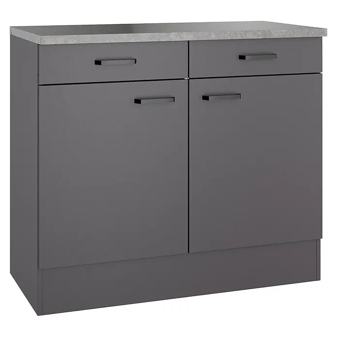 Optifit Optimulti Küchen-Unterschrank Kiel420 - B x T x H: 100 x 50 x 88 cm, Anthrazit - Dunkelgrauer Schrank mit heller Arbeitsplatte, zwei Schubladen und zwei Türen mit horizontalen Griffen.