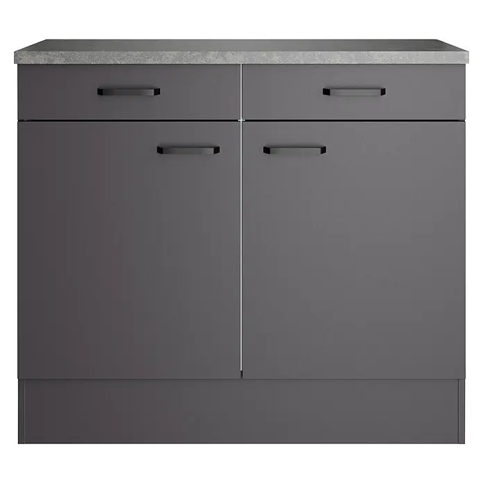 Optifit Optimulti Küchen-Unterschrank Kiel420 - B x T x H: 100 x 50 x 88 cm, Anthrazit - Dunkelgrauer Küchenunterschrank mit gesprenkelter grauer Arbeitsplatte und schwarzen Griffen.