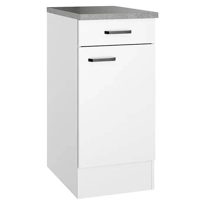 Optifit Optimulti Küchen-Unterschrank Bonn214 - B x T x H: 40 x 60 x 88 cm, Weiß/Grau - Weißer Küchenunterschrank mit grauer Arbeitsplatte, einer Schublade und einer Tür, jeweils mit schwarzem Griff.