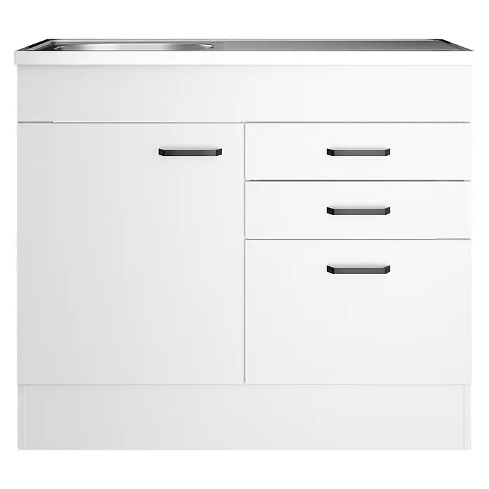 Optifit Optimulti Spülenunterschrank Bonn214 - 50 x 100 x 88,2 cm, Dekor Front: Weiß - Weißer Küchenunterschrank mit integriertem Spülbecken, einer Tür und drei Schubladen mit schwarzen Griffen.