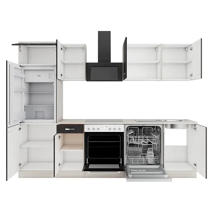 Optifit Küchenleerblock Faro220 - Breite: 270 cm, Anthrazit, Ohne Elektrogeräte - Moderne L-Küche mit weißen und dunkelgrauen Schränken (offener Kühlschrank, Backofen, Geschirrspüler), heller Arbeitsplatte, Kochfeld, Spüle, schwarzer Dunstabzugshaube.