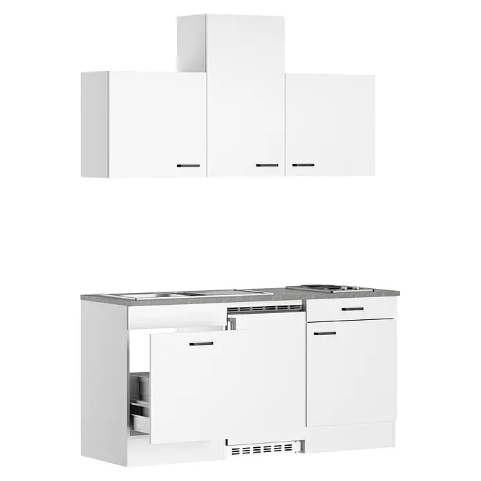 Optifit Optimulti Singleküche Bonn214 - Breite: 170 cm, Weiß, Mit Elektrogeräten - Weiße modulare Küchenzeile mit Ober- und Unterschränken, grauer Arbeitsplatte, Spüle, Kochfeld und offener Schublade.