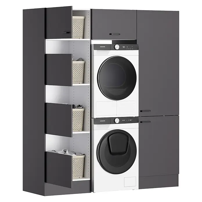 Optifit Optimulti Waschmaschinenschrank Kiel420 - L x B x H: 57,1 x 183,2 x 210 cm, Anthrazit - Gestapelte weiße Waschmaschine und Trockner in einem dunkelgrauen Schrank mit offenen Fächern und Wäschekörben.