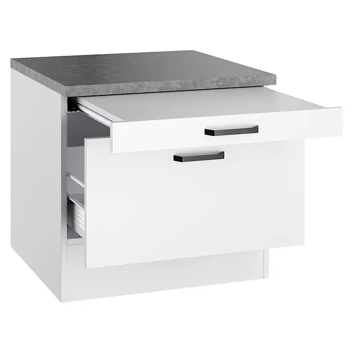 Optifit Optimulti Unterschrank Bonn214 - B x T x H: 60 x 60 x 57,1 cm, Weiß/Grau - Weißer Küchenunterschrank mit dunkelgrauer Arbeitsplatte und zwei Schubladen mit schwarzen Griffen. Die obere Schublade ist teilweise geöffnet und zeigt eine Innenschublade.