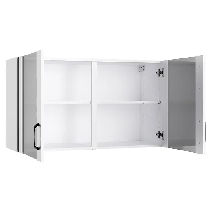 Optifit Optimulti Küchen-Hängeschrank Bonn214 - B x T x H: 100 x 33 x 57,6 cm, Weiß - Weißer Wandschrank mit zwei geöffneten Türen, schwarzen Griffen und Innenregalen.