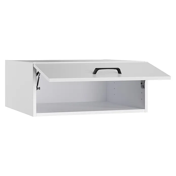 Optifit Optimulti Küchen-Aufsatzschrank Bonn214 - L x B x H: 57,1 x 60 x 25,6 cm, Weiß - Weißer Wandschrank mit teilweise geöffneter Klapptür und schwarzem Griff.