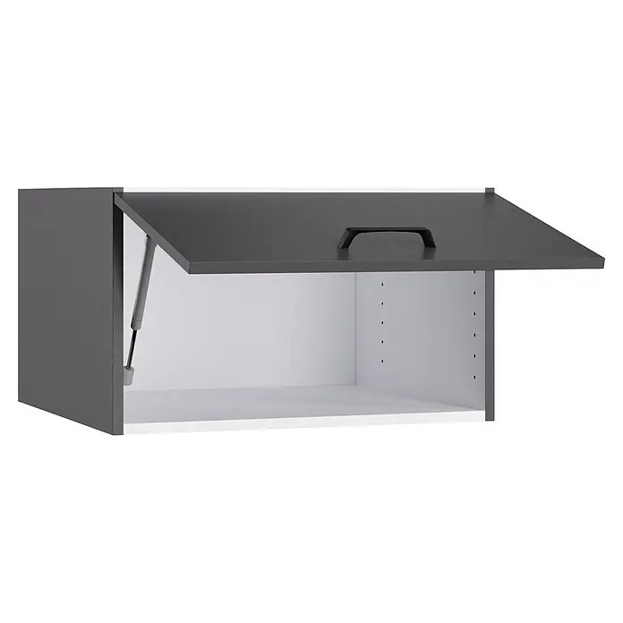 Optifit Optimulti Küchen-Aufsatzschrank Kiel420 - L x B x H: 57,1 x 60 x 35,2 cm, Anthrazit - Dunkelgrauer Wandschrank mit weißer Innenseite, schwarzem Griff und hochklappbarer Tür mit Gasdruckfedern.