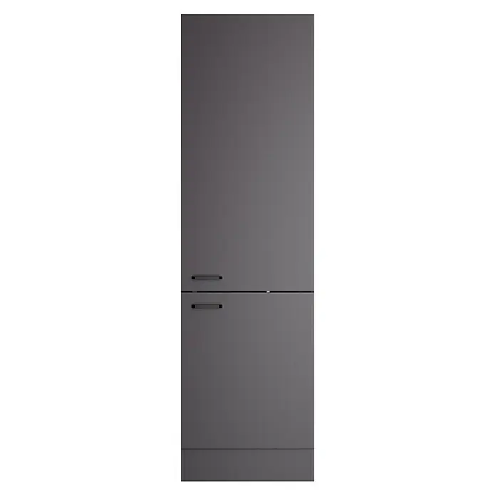 Optifit Optimulti Küchen-Hochschrank Kiel420 - B x T x H: 60 x 55,5 x 210 cm, Anthrazit - Dunkelgraue, integrierte Kücheneinheit mit strukturierter Oberfläche, zwei Fächern und zwei Griffen.