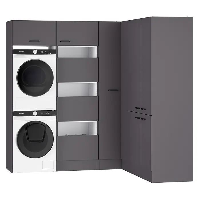Optifit Optimulti Waschmaschinenschrank Kiel420 - L x B x H: 190 x 213,2 x 210 cm, Anthrazit - Dunkelgraues Eck-Wäschemöbelsystem mit zwei gestapelten weißen Samsung Waschmaschinen/Trocknern und integriertem Stauraum.