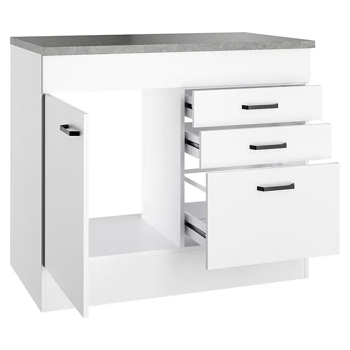 Optifit Optimulti Spülenunterschrank Bonn214 - 60 x 100 x 88 cm, Dekor Front: Weiß - Weißer Küchenunterschrank mit grauer Arbeitsplatte, einer geöffneten Tür und drei geöffneten Schubladen mit schwarzen Griffen.