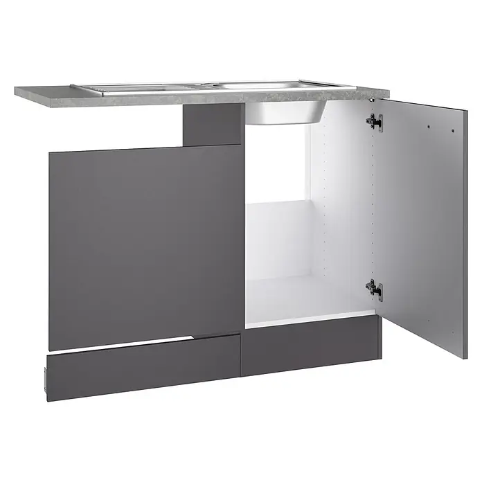 Optifit Optimulti Spülenunterschrank Kiel420 - 60 x 100 x 88 cm, Dekor Front: Grau matt - Dunkelgrauer Küchenunterschrank mit grauer Arbeitsplatte, integriertem Spülbecken, offenem weißem Innenbereich und Schublade.