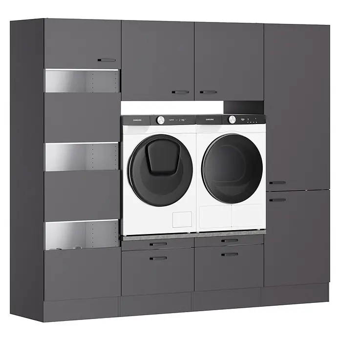 Optifit Optimulti Waschmaschinenschrank Kiel420 - L x B x H: 57,1 x 240 x 210 cm, Anthrazit - Integriertes Wäschereisystem mit weißen Samsung Waschmaschine und Trockner in dunkelgrauen modularen Schränken.