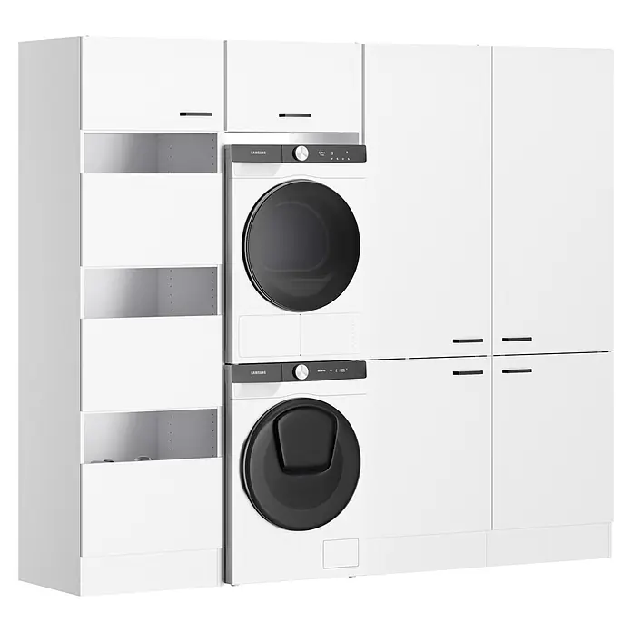Optifit Optimulti Waschmaschinenschrank Bonn214 - L x B x H: 190 x 213,2 x 210 cm, Weiß - Weißes Wäsche Schranksystem mit gestapelten Samsung Wasch- und Trockengeräten.