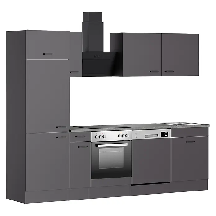 Optifit Optimulti Küchenleerblock Kiel420 - Breite: 270 cm, Anthrazit, Ohne Elektrogeräte, Mit Geschirrspülerschrank - Moderne dunkelgraue Küchenzeile mit integriertem Backofen, Kochfeld, Dunstabzugshaube, Geschirrspüler, Spüle und Schränken, mattes Finish.