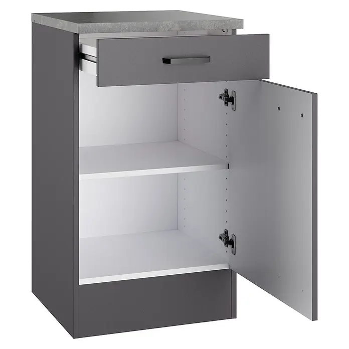 Optifit Optimulti Küchen-Unterschrank Kiel420 - B x T x H: 50 x 50 x 88 cm, Anthrazit - Dunkelgrauer Küchenunterschrank mit heller Arbeitsplatte, offener Schublade und Tür, die zwei weiße Regalböden zeigt.