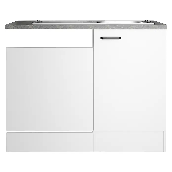 Optifit Optimulti Spülenunterschrank Bonn214 - 60 x 100 x 88 cm, Dekor Front: Weiß - Weißer Küchenunterschrank mit Spüle, grauer Arbeitsplatte und dunklem Griff.