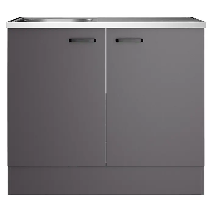 Optifit Optimulti Spülenunterschrank Kiel420 - 50 x 100 x 88,2 cm, Dekor Front: Grau matt - Grauer Spülunterschrank mit zwei Türen, weißer Arbeitsplatte und integrierter Metallspüle, mit dunklen Griffen.