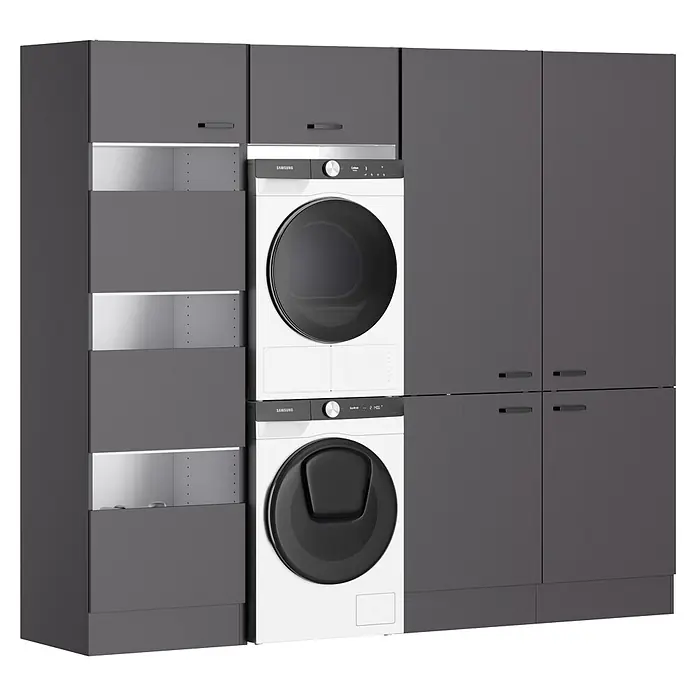Optifit Optimulti Waschmaschinenschrank Kiel420 - L x B x H: 190 x 213,2 x 210 cm, Anthrazit - Dunkelgraues Wäsche Schranksystem mit gestapeltem weißen Samsung Waschmaschine und Trockner.