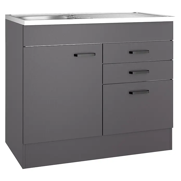 Optifit Optimulti Spülenunterschrank Kiel420 - 60 x 100 x 88,2 cm, Dekor Front: Grau matt - Dunkelgrauer Spülenunterschrank mit integriertem weißem Spülbecken, einer Tür und drei Schubladen.