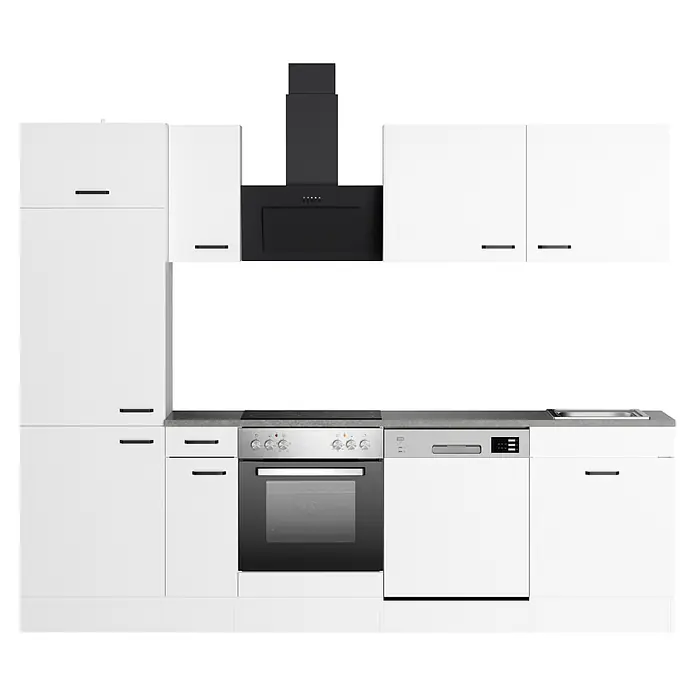 Optifit Optimulti Küchenleerblock Bonn214 - Breite: 270 cm, Weiß, Ohne Elektrogeräte, Mit Geschirrspülerschrank - Weiße moderne Küchenzeile mit schwarzen Griffen, integriertem silbernen Backofen, Kochfeld, Geschirrspüler, schwarzer Dunstabzugshaube und Spüle.