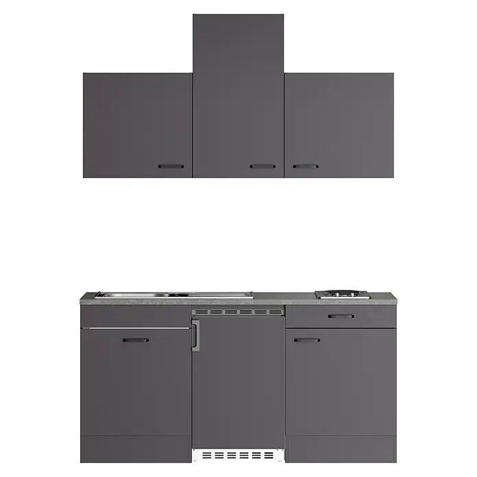 Optifit Optimulti Singleküche Kiel420 - Breite: 170 cm, Anthrazit, Mit Elektrogeräten - Graue Modulküche mit Oberschränken, Dunstabzugshaube und Unterschränken mit Spüle, Kochfeld und Geschirrspüler.