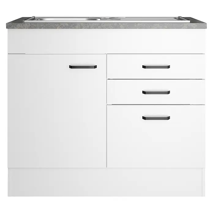 Optifit Optimulti Spülenunterschrank Bonn214 - 60 x 100 x 88 cm, Dekor Front: Weiß - Weißer Küchenunterschrank mit grauer Arbeitsplatte, integrierter Spüle, einer Tür und drei Schubladen mit schwarzen Griffen.