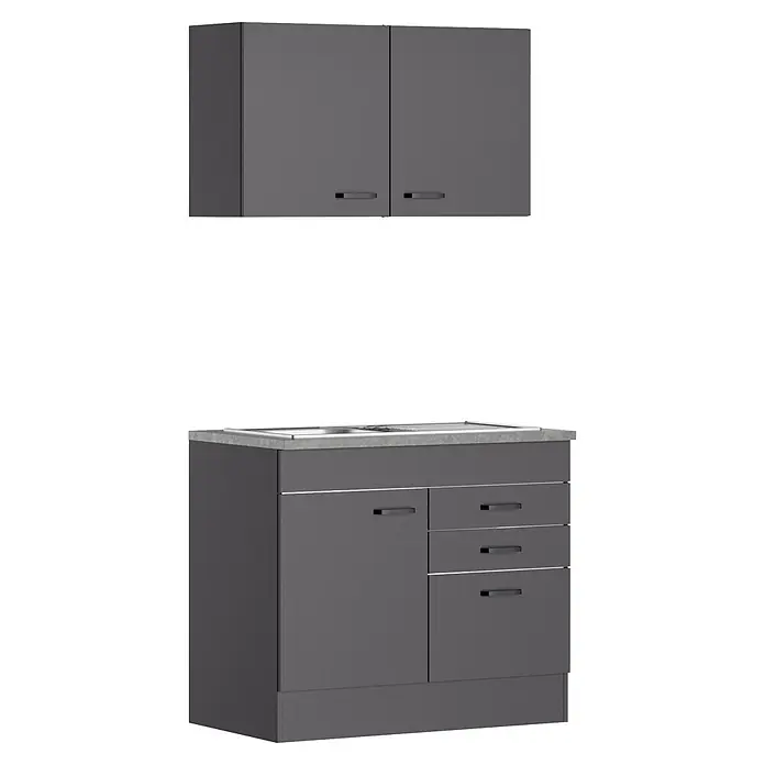 Optifit Optimulti Miniküche Kiel420 - Breite: 100 cm, Anthrazit, Mit Einbauspüle, Ohne Elektrogeräte - Dunkelgraue Küchenschränke. Umfasst obere Wandschränke und einen Unterschrank mit integrierter Spüle und mehreren Schubladen.