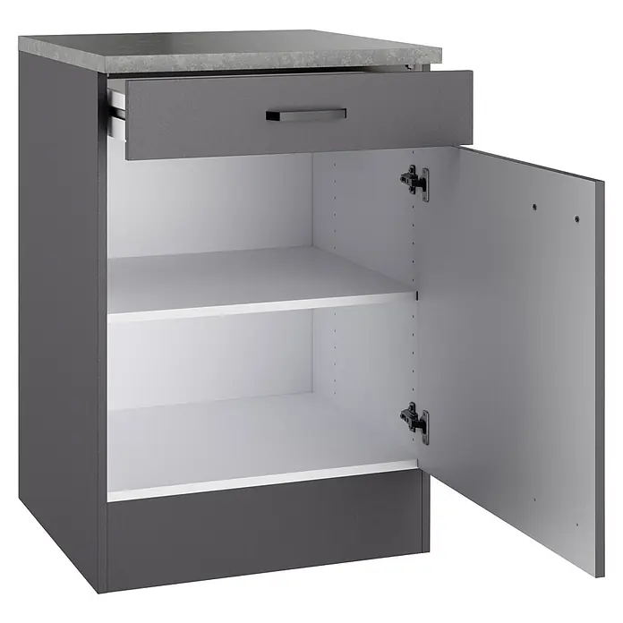 Optifit Optimulti Küchen-Unterschrank Kiel420 - B x T x H: 60 x 60 x 88 cm, Anthrazit - Dunkelgrauer Küchenunterschrank mit hellgrauer Arbeitsplatte, offener Schublade und Tür, die weiße Einlegeböden zeigt.
