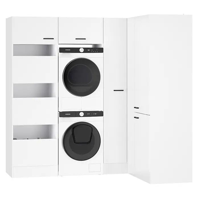 Optifit Optimulti Waschmaschinenschrank Bonn214 - L x B x H: 150 x 213,2 x 210 cm, Weiß - Weißer Waschküchenschrank mit gestapelter Samsung Waschmaschine und Trockner, plus Ablagefächern und weiteren Schränken.