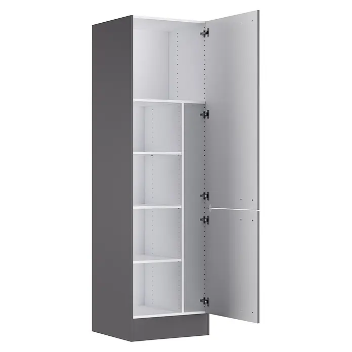 Optifit Optimulti Küchen-Hochschrank Kiel420 - B x T x H: 60 x 55,5 x 210 cm, Anthrazit - Hoher, dunkelgrauer Schrank mit offener Tür, der weiße, verstellbare Einlegeböden zeigt.