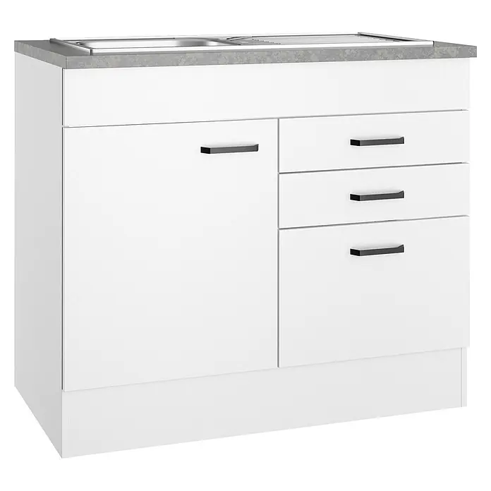 Optifit Optimulti Spülenunterschrank Bonn214 - 60 x 100 x 88 cm, Dekor Front: Weiß - Weißer Küchenunterschrank mit grauer Arbeitsplatte, Edelstahlspüle, einer Tür und drei Schubladen mit schwarzen Griffen.