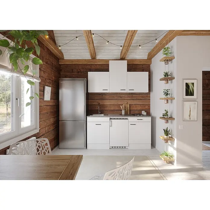 Optifit Optimulti Singleküche Bonn214 - Breite: 170 cm, Weiß, Mit Elektrogeräten - Moderne weiße Küchenschränke mit dunklen Griffen, Edelstahlkühlschrank und grauer Arbeitsplatte in rustikalem Ambiente.
