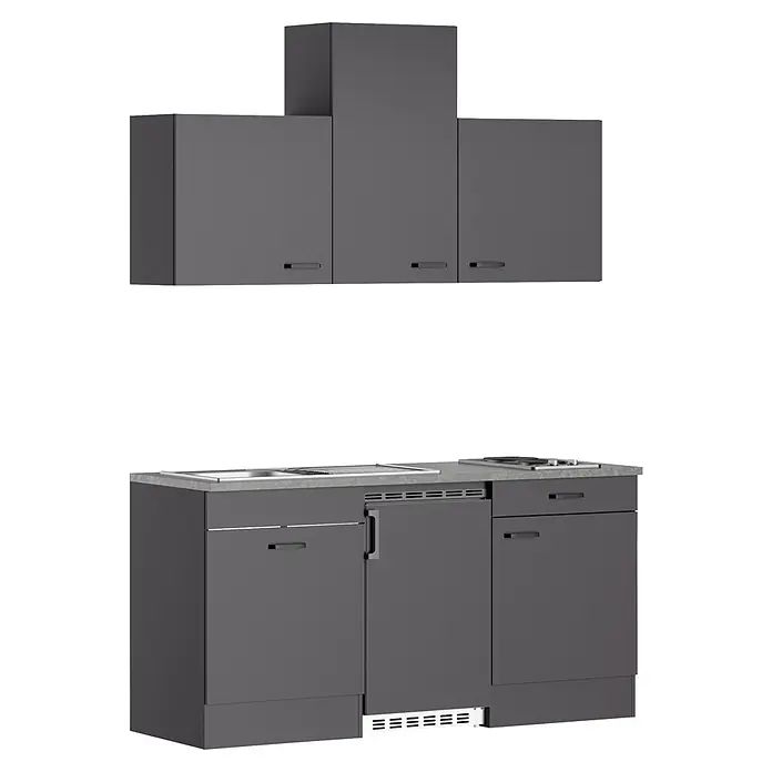 Optifit Optimulti Singleküche Kiel420 - Breite: 170 cm, Anthrazit, Mit Elektrogeräten - Dunkelgraue modulare Küchenzeile mit Oberschränken, Spüle, Kochfeld und integrierten Geräten. Modernes Kompakt-Design.