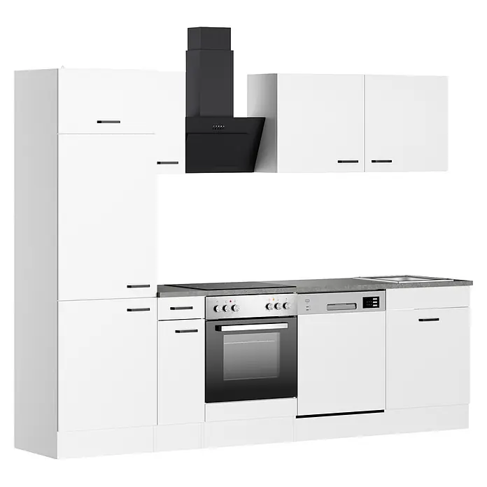 Optifit Optimulti Küchenleerblock Bonn214 - Breite: 270 cm, Weiß, Ohne Elektrogeräte, Mit Geschirrspülerschrank - Moderne weiße Küchenzeile mit integriertem Backofen, Kochfeld, Geschirrspüler und schwarzer Dunstabzugshaube.