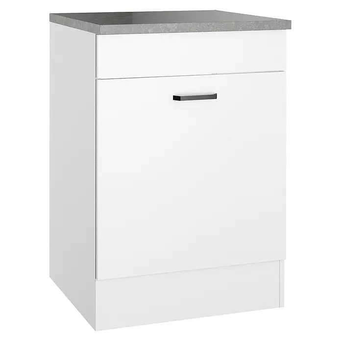 Optifit Optimulti Spülenunterschrank Bonn214 - 60 x 60 x 88 cm, Dekor Front: Weiß - Weißer Küchenunterschrank mit grauer Arbeitsplatte, oben einer Schublade und unten einer Tür mit schwarzem Griff.