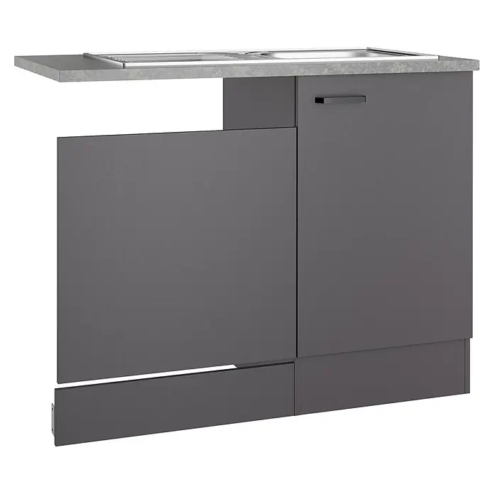 Optifit Optimulti Spülenunterschrank Kiel420 - 60 x 100 x 88 cm, Dekor Front: Grau matt - Dunkelgrauer Spülenunterschrank mit integrierter Spüle und grauer Arbeitsplatte. Eine Blende ist teilweise geöffnet.