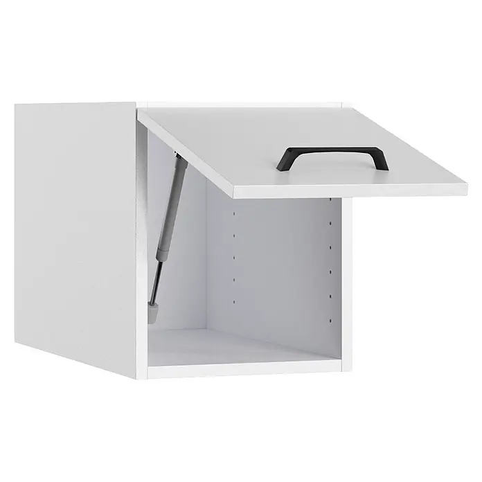 Optifit Optimulti Küchen-Aufsatzschrank Bonn214 - L x B x H: 57,1 x 30 x 35,2 cm, Weiß - Weißer Wandschrank mit offener Tür, Gasfeder und schwarzem Griff. Innenraum zeigt Regalbodenträgerlöcher.