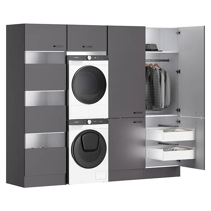 Optifit Optimulti Waschmaschinenschrank Kiel420 - L x B x H: 190 x 213,2 x 210 cm, Anthrazit - Dunkelgraues Waschküchen- und Garderobensystem mit integriertem Samsung Waschtrockner und offenem Kleiderschrank.