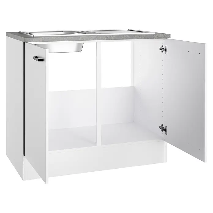 Optifit Optimulti Spülenunterschrank Bonn214 - 60 x 100 x 88 cm, Dekor Front: Weiß - Weißer Küchenunterschrank mit grauer Arbeitsplatte und Stahlspüle, Türen offen.