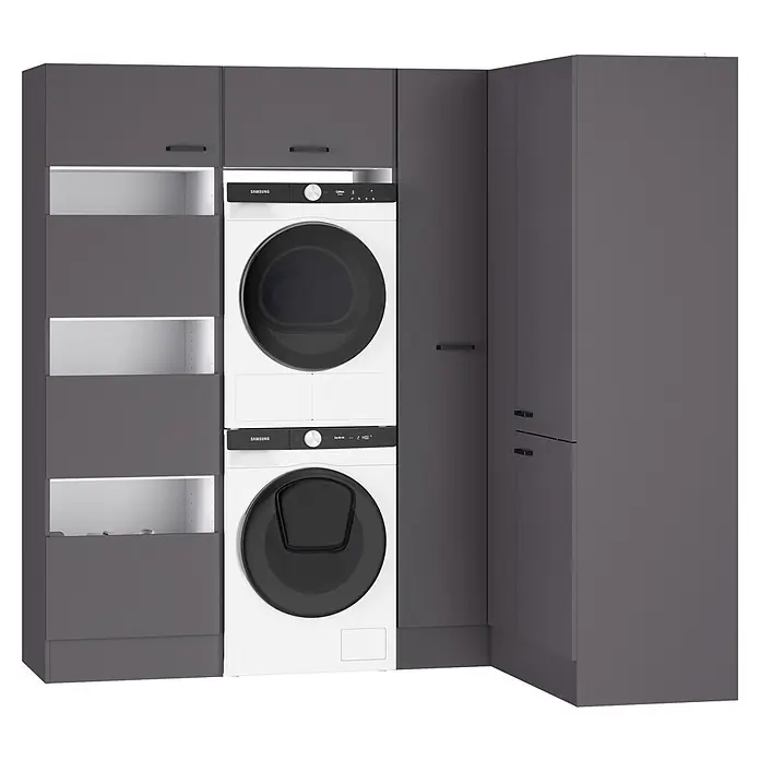 Optifit Optimulti Waschmaschinenschrank Kiel420 - L x B x H: 150 x 213,2 x 210 cm, Anthrazit - Gestapelte weiße Samsung Waschmaschine und Trockner in dunkelgrauen L-förmigen Schränken.