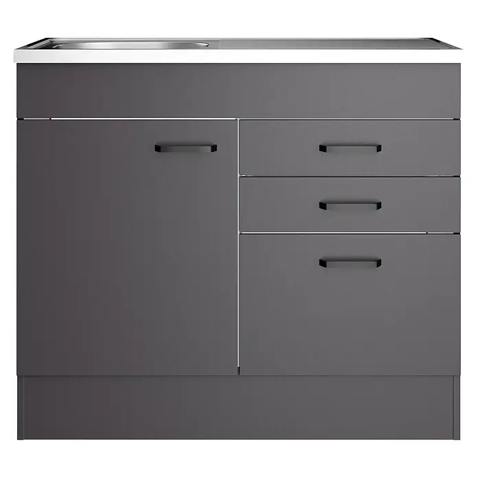 Optifit Optimulti Spülenunterschrank Kiel420 - 50 x 100 x 88,2 cm, Dekor Front: Grau matt - Dunkelgrauer Spülenunterschrank mit einer Tür, drei Schubladen und einer Metallspüle.
