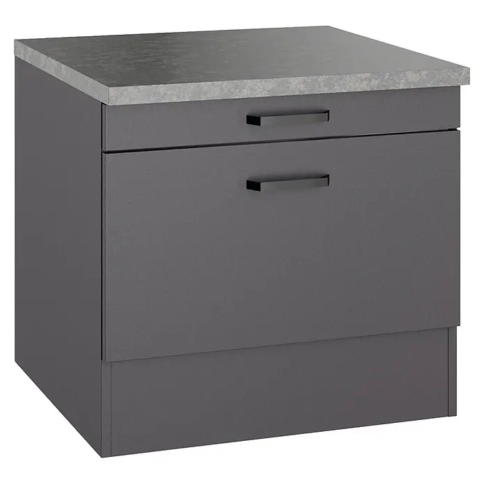 Optifit Optimulti Unterschrank Kiel420 - B x T x H: 60 x 60 x 57,1 cm, Anthrazit - Dunkelgrauer Schrank mit zwei Schubladen, heller grauer Arbeitsplatte und dunklen Griffen.